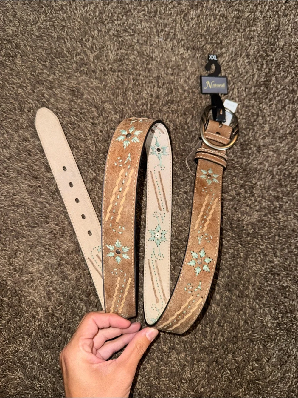 Nautica Brown Suede Belt with Turquoise Floral Embroidery - XXL